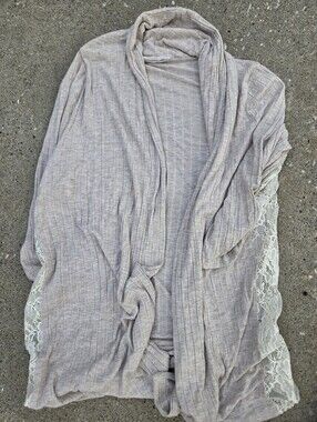 August Mist Beige Ribbed Open Front Cardigan Lace Sides M